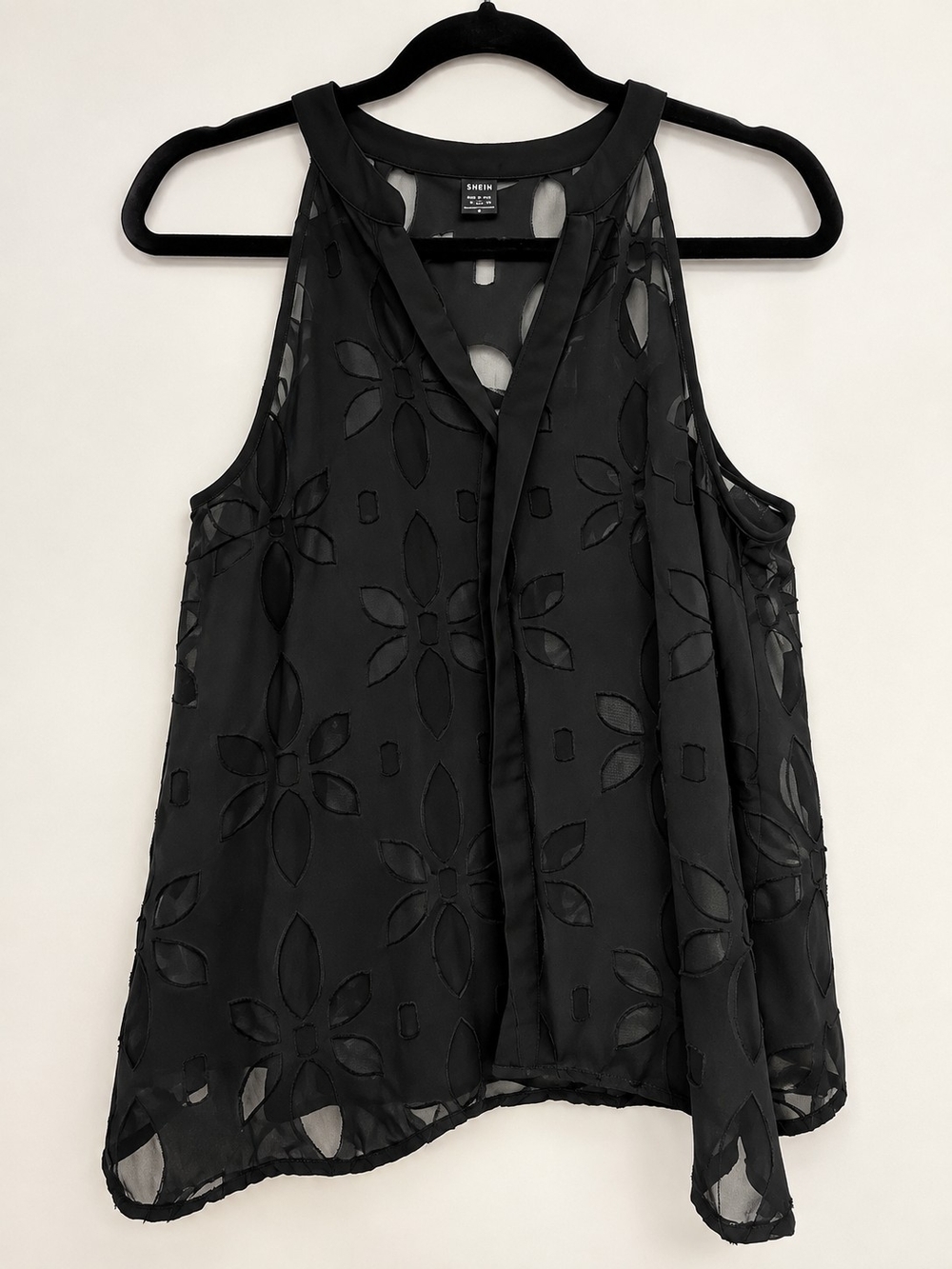 Black Sleeveless Floral Cutout Mock-Neck Top